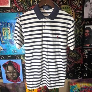 Vintage 90s Polo Ralph Lauren Navy White Striped Polo Shirt Size Medium